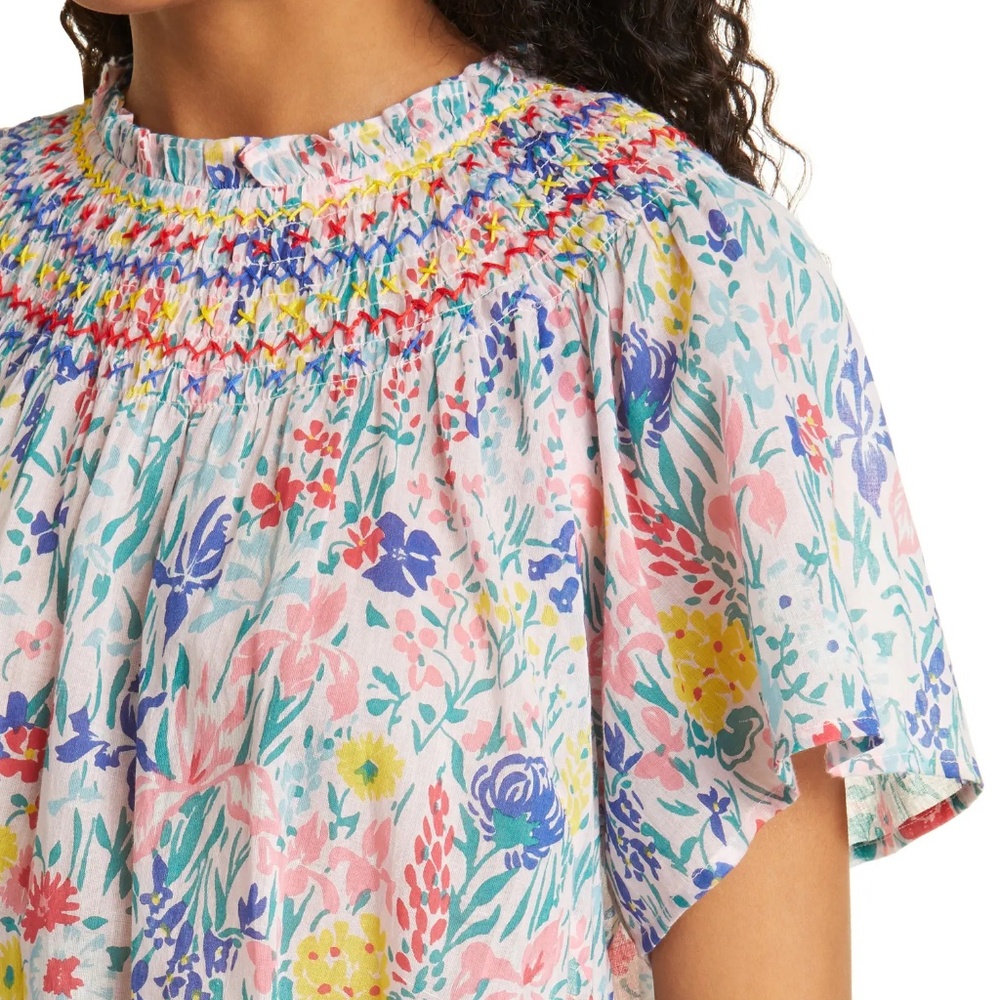 Banjanan Anthropologie floral Sofia top flutter sleeve smocked yoke button back - Picture 4 of 13